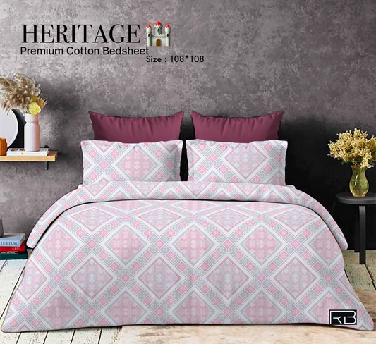 Heritage Premium Cotton King Size Bedsheet – Soft Pink Diamond Design