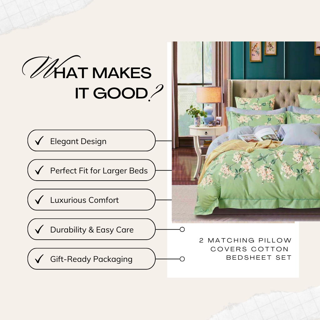 Tango Floral Cotton Bedsheet Set with Full Pillow Covers – Elegant Pistachio Green"