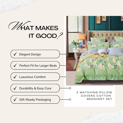 Tango Floral Cotton Bedsheet Set with Full Pillow Covers – Elegant Pistachio Green"