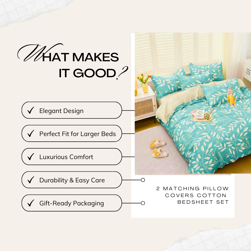 Tango Floral Cotton Bedsheet Set with Full Pillow Covers – Fresh & Serene Blue Leaves