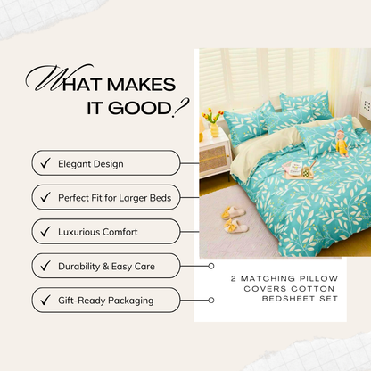Tango Floral Cotton Bedsheet Set with Full Pillow Covers – Fresh & Serene Blue Leaves