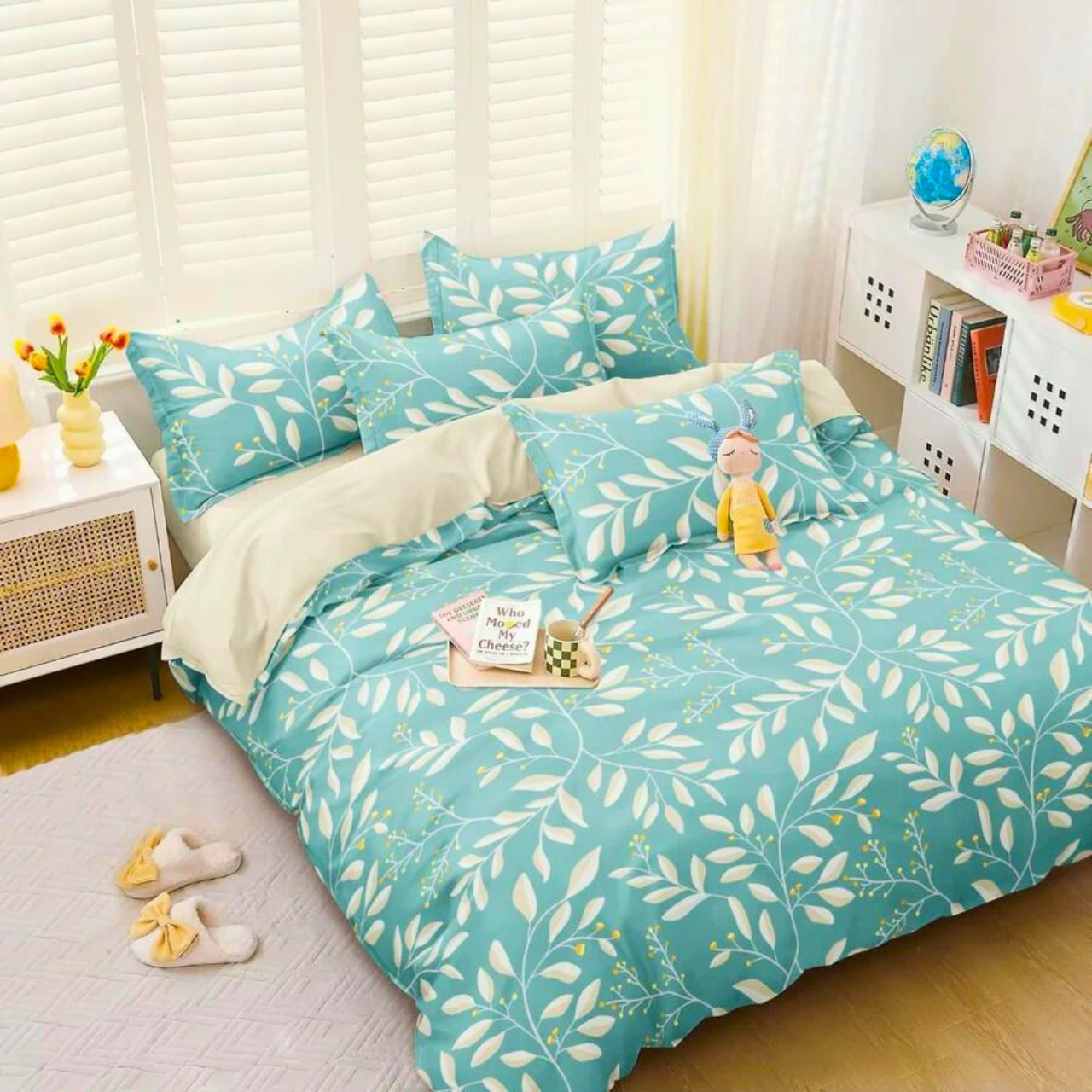 Tango Floral Cotton Bedsheet Set with Full Pillow Covers – Fresh & Serene Blue Leaves