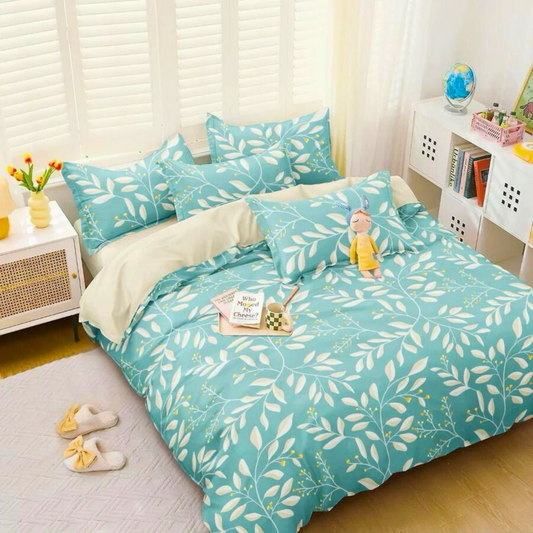 Tango Floral Cotton Bedsheet Set with Full Pillow Covers – Fresh & Serene Blue Leaves