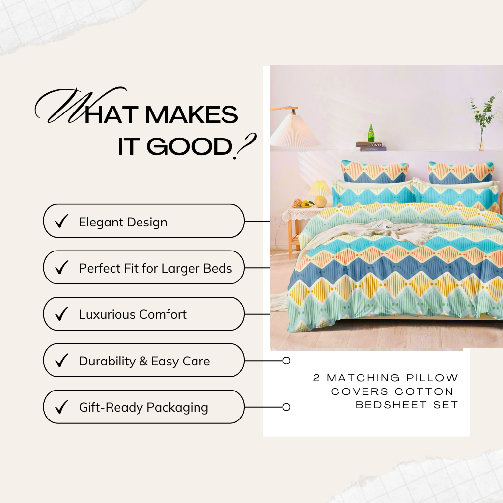 Tango Chevron Bedsheet Set | King Size 90x100 | 100% Cotton | 1 Bedsheet + 2 Pillow Covers | Soft, Durable & Modern Design