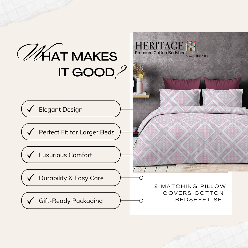 Heritage Premium Cotton King Size Bedsheet – Soft Pink Diamond Design