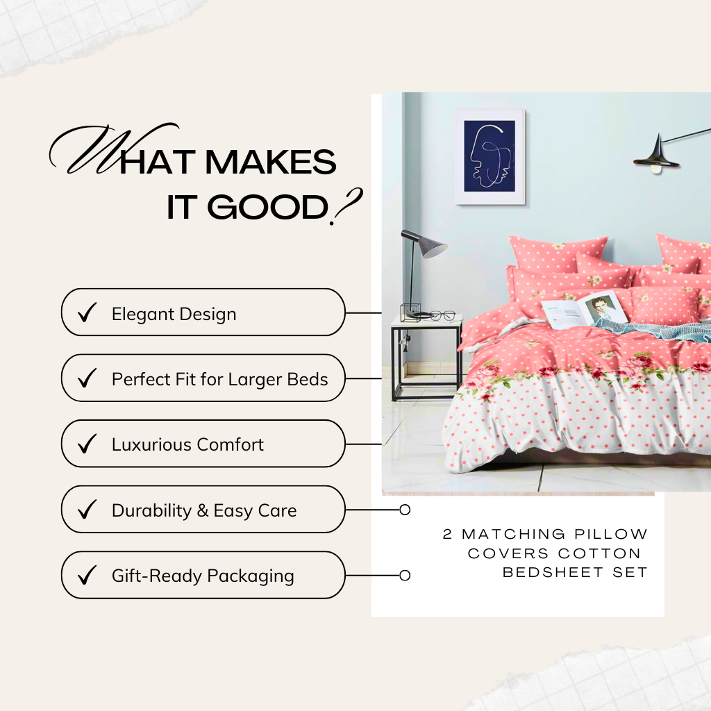 Tango Floral & Polka Dot Cotton Bedsheet Set – Elegant & Soft with Full Pillow Covers