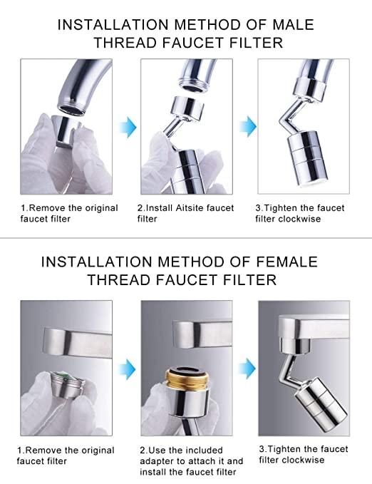 Splash Filter Faucet, 720 Rotatable Faucet Sprayer Head with Durable Copper, Anti-Splash, Oxygen-Enriched Foam, 4-Layer Net Filter, Leakproof Design with Double O-Ring